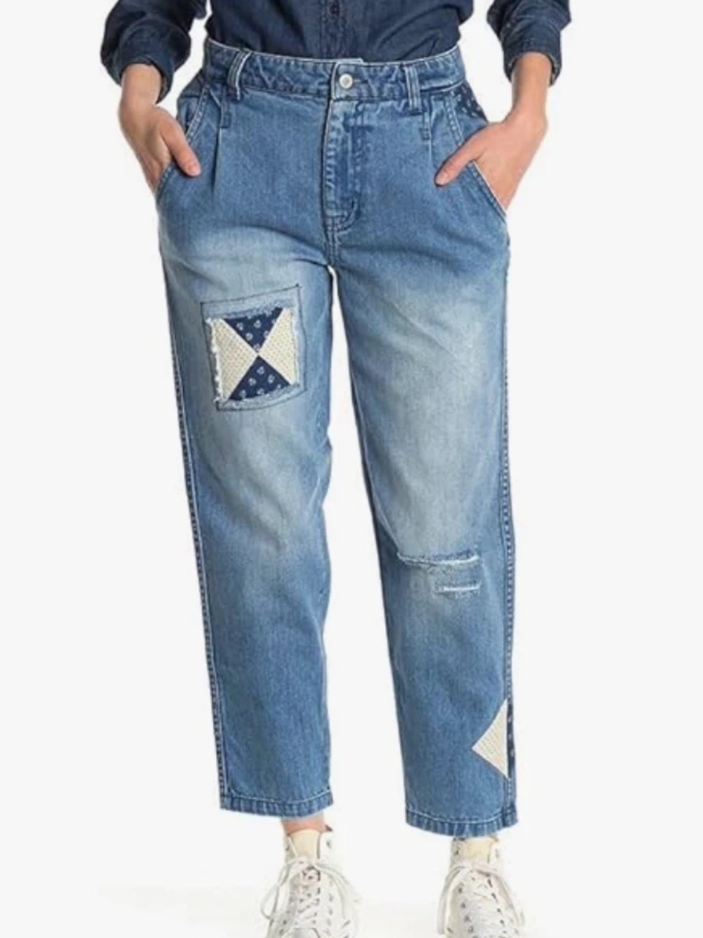 Free People Down To Earth Jeans Embroidered Patchwork Denim Boho Women’s Size 27